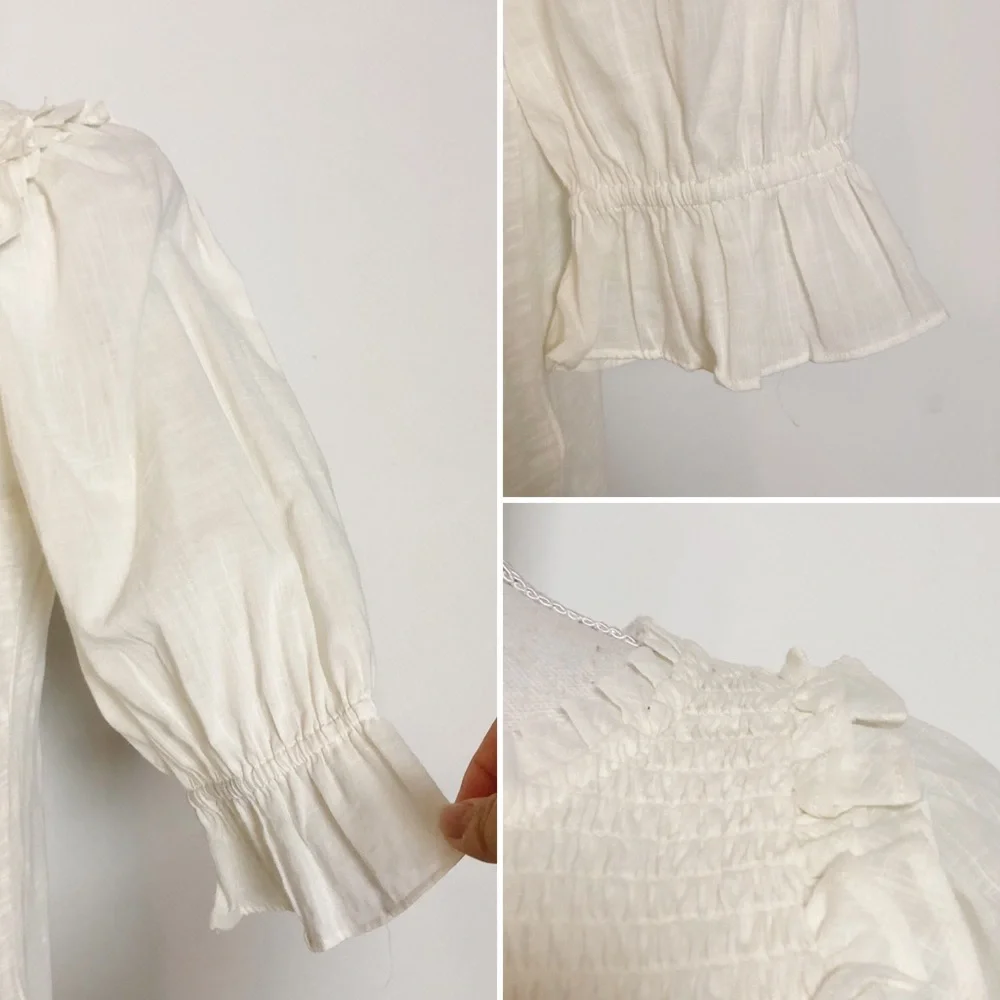 NWT By Anthropologie Smocked Puff-Sleeve Knit Top in Ivory Size XS